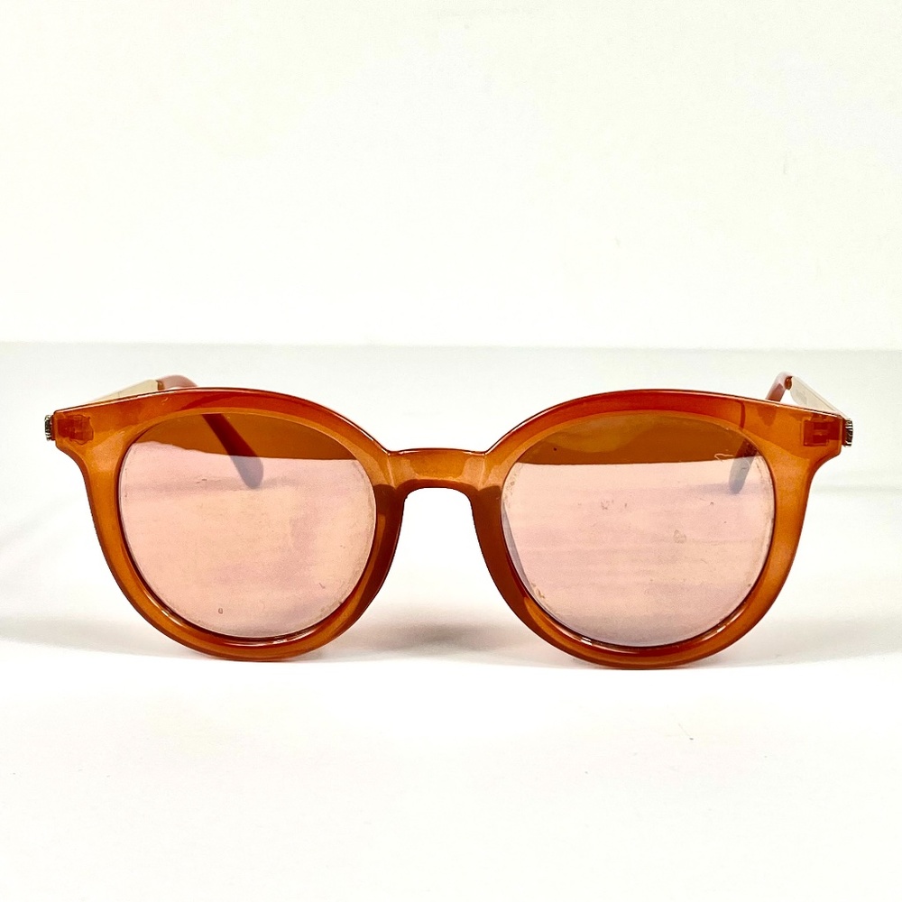 Fawn Colored Round Frame Sunglasses with Mirrored Lens
